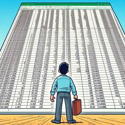 Cartoon of a man looking up at a huge spreadsheet